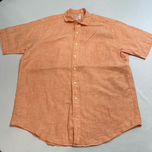 Brooks Brothers Orange Irish Linen Short Sleeve Button Up Shirt Size Large - Picture 1 of 8